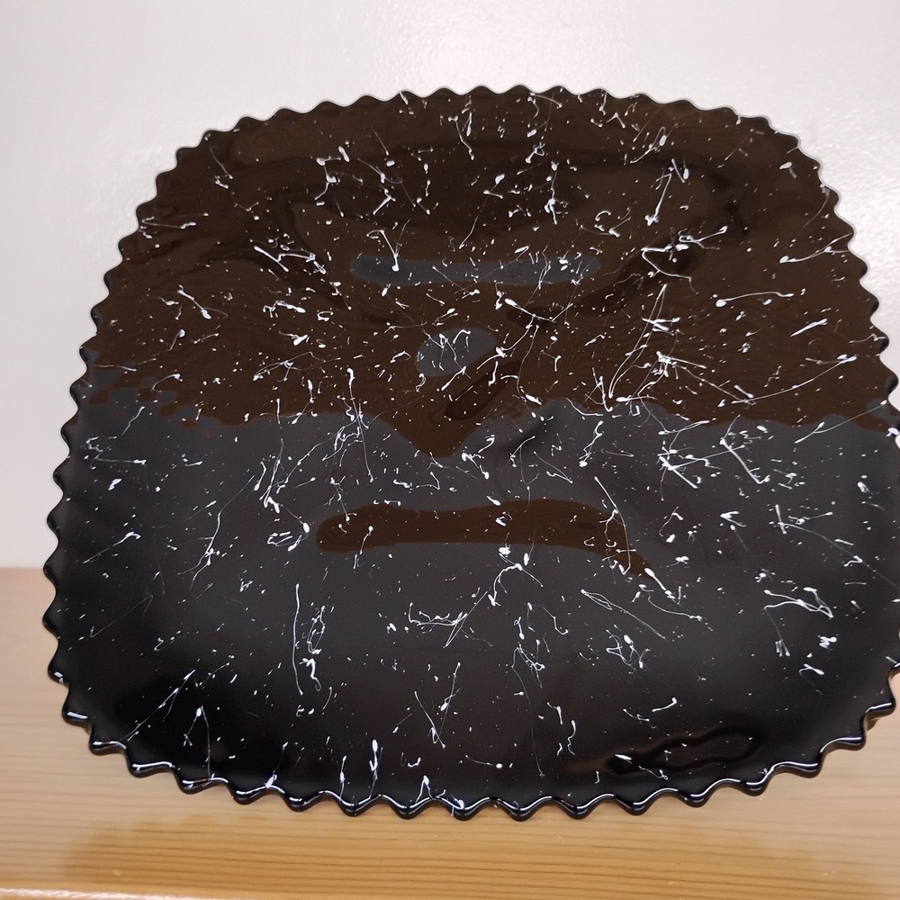 Vintage L E Smith Black Amethyst Glass Square Cake Stand‎ Pedestal White Drizzle